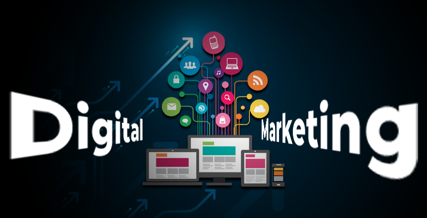 Digital marketing illustration showing online platforms and strategies